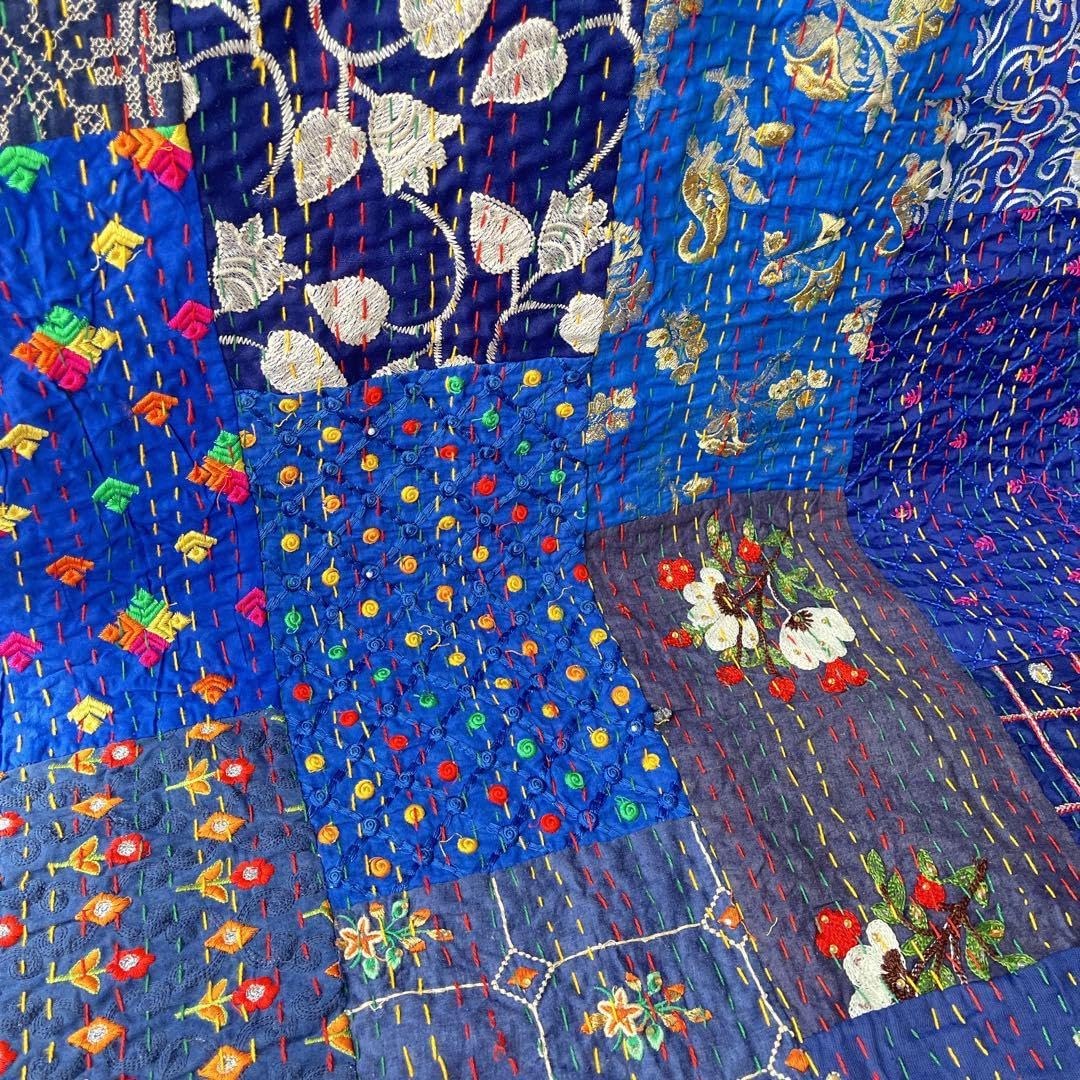 未使用❁エンブロイダリー　ネイビー　パッチワークカンタキルトマルチカバーラグ 未使用❁エンブロイダリー ネイビー パッチワークカンタキルトマルチ